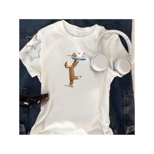 Y2K Style Women'S Cartoon Character & Retro Cake Monkey Graphic V-Neck Loose Fit Short Sleeve T-Shirt - Casual Streetwear for all Seasons, White with Brown & Black Cartoon Design, everyday Ts