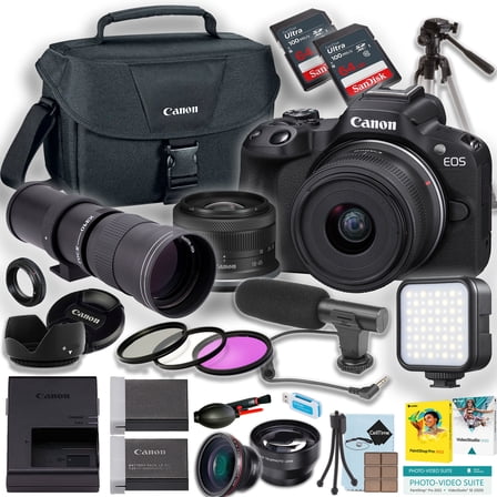 Canon EOS R50 Mirrorless Camera w/18-45mm and 420-800mm Lens   2pc SanDisk 64GB Ultra Memory Card   LED Light   Tripod   More (25pc Bundle)
