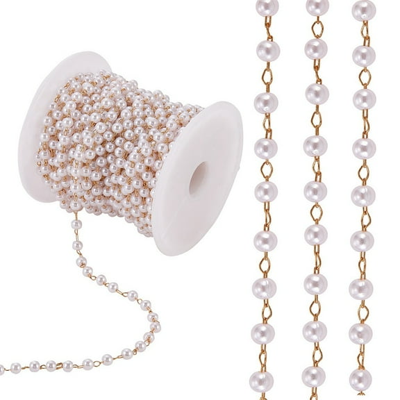 1 roll Plastic Imitation Pearl Beaded Chain with golden Plated Brass Cable Chains Soldered with Spool for Jewelry Making WhiteSmoke 4mm 9.4~10m/Roll