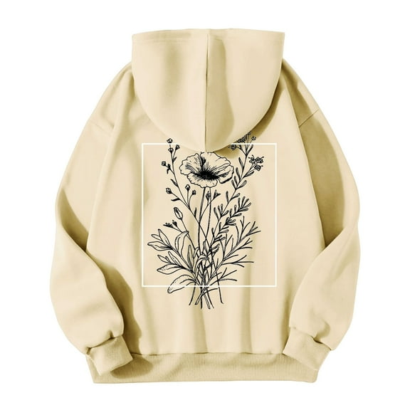 Bjutir Women Hoodie Sweatshirts Fall Winter Casual Loose Fun Letter Flower Butterfly Print Hoodie Beige