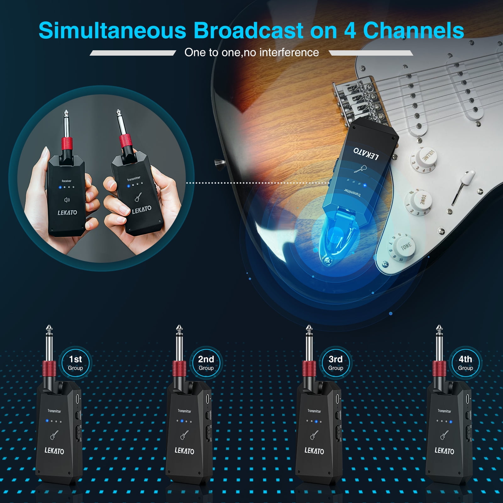 LEKATO WS-90 Wireless Guitar System 5.8G Wireless Guitar Transmitter Receiver 4 Channels Rechargeable Guitar Wireless System for Electric Guitar Bass