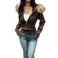 thumbnail image 3 of Women'S Zip Up Cardigan Sweater Cable Faux Fur Hoodies Long Sleeve Jacket Knit Outfits Y2K Brown L, 3 of 9