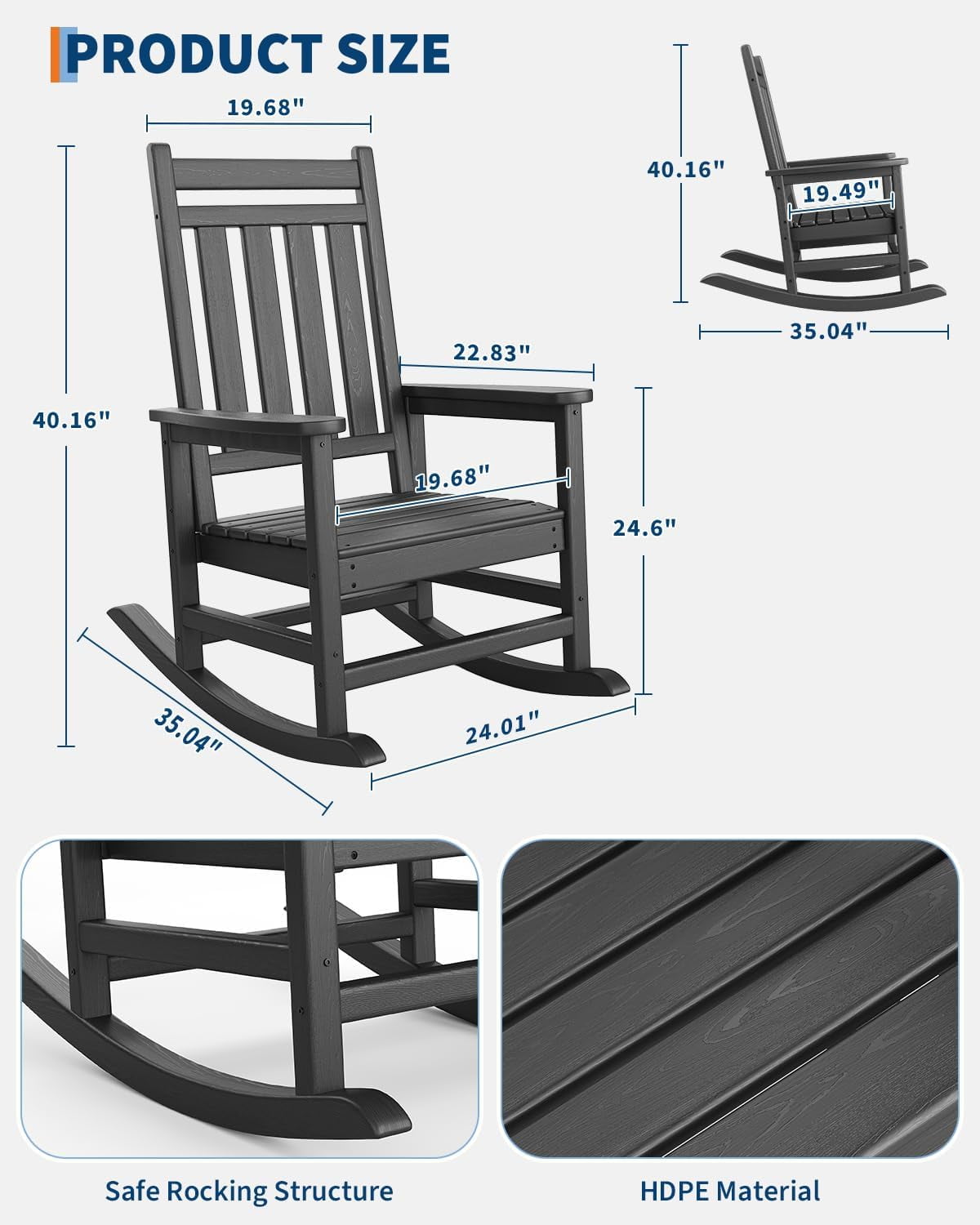 Rocking Adirondack Chair Outdoor, HDPE High Back Porch Rocker Chairs for Adults, All Weather Resistant Furniture for Patio, Black