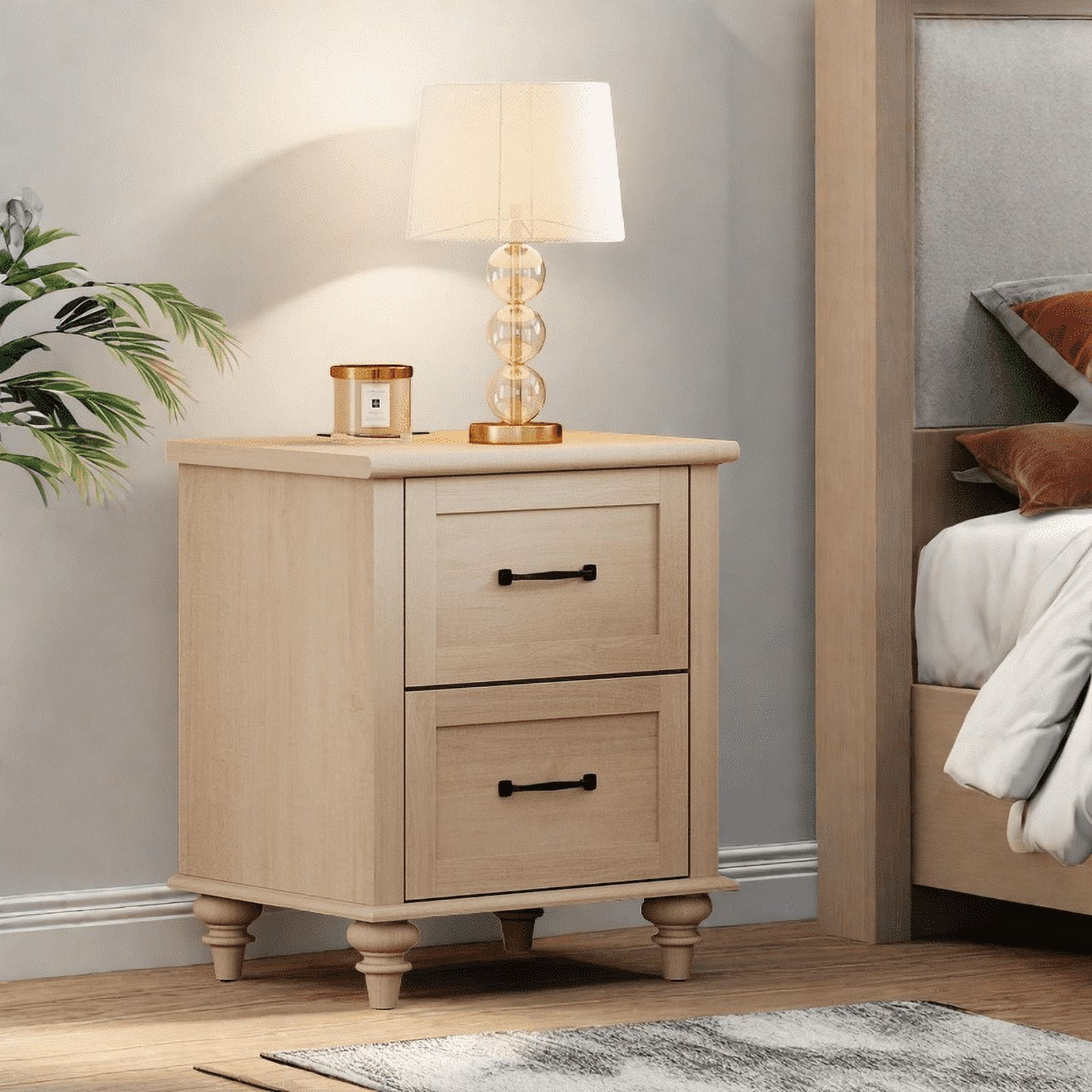Set of 2 Side Tables with 2 Drawers for Bedroom, Beige End Table with Charging Station, Wooden Nightstand, Living Room
