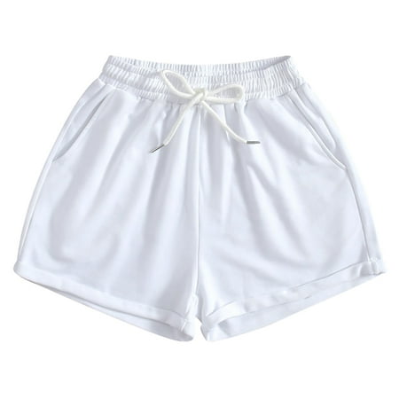 Brglopf Womens Athletic Workout Sweat Shorts Drawstring High Waist Comfy Gym Running Shorts for Casual Summer with Pockets(White XL)