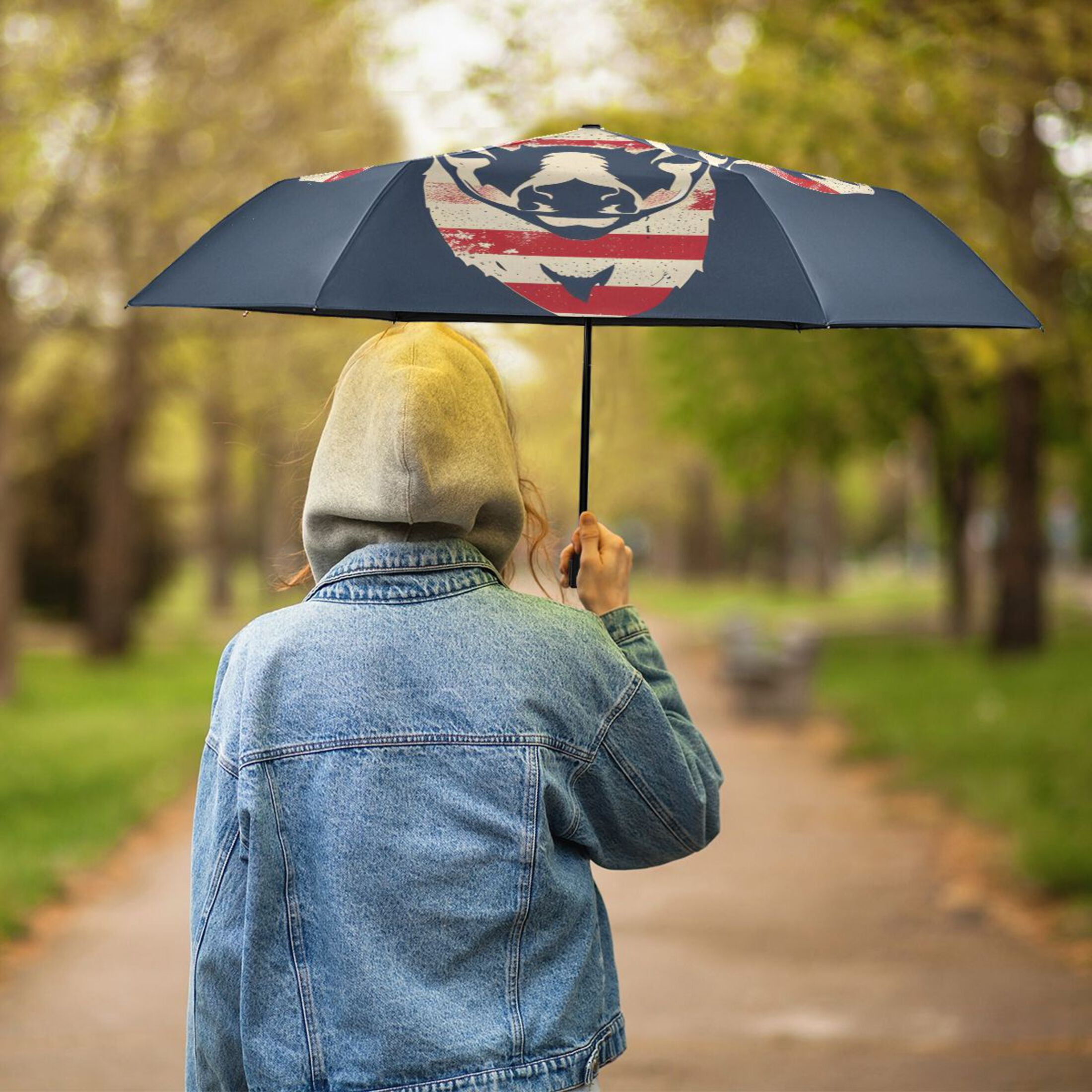 Deer with American Flag Compact Sun Umbrella Windproof Travel Umbrellas for Rain Strong Portable UV Protection