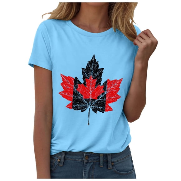 Yammkia Red Shirt Women Womens Canada Day Shirts V Neck Short Sleeve Maple Leaf Flag Patriotic Tops Summer Casual Loose 1st July Canadian T-Shirts(Sky Blue,M)