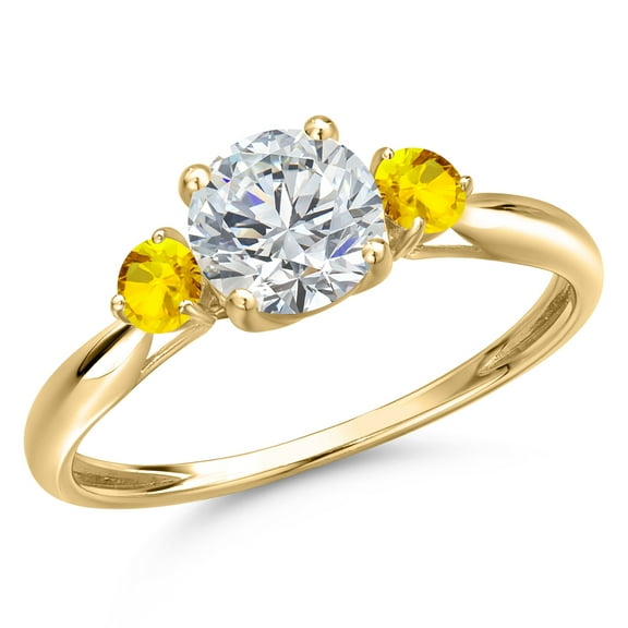 Gem Stone King 10K Yellow Gold Lab Grown Diamond and Yellow Sapphire 3-Stone Ring for Women | 1.01 Cttw | Round 6MM | Gemstone April Birthstone | Size 7