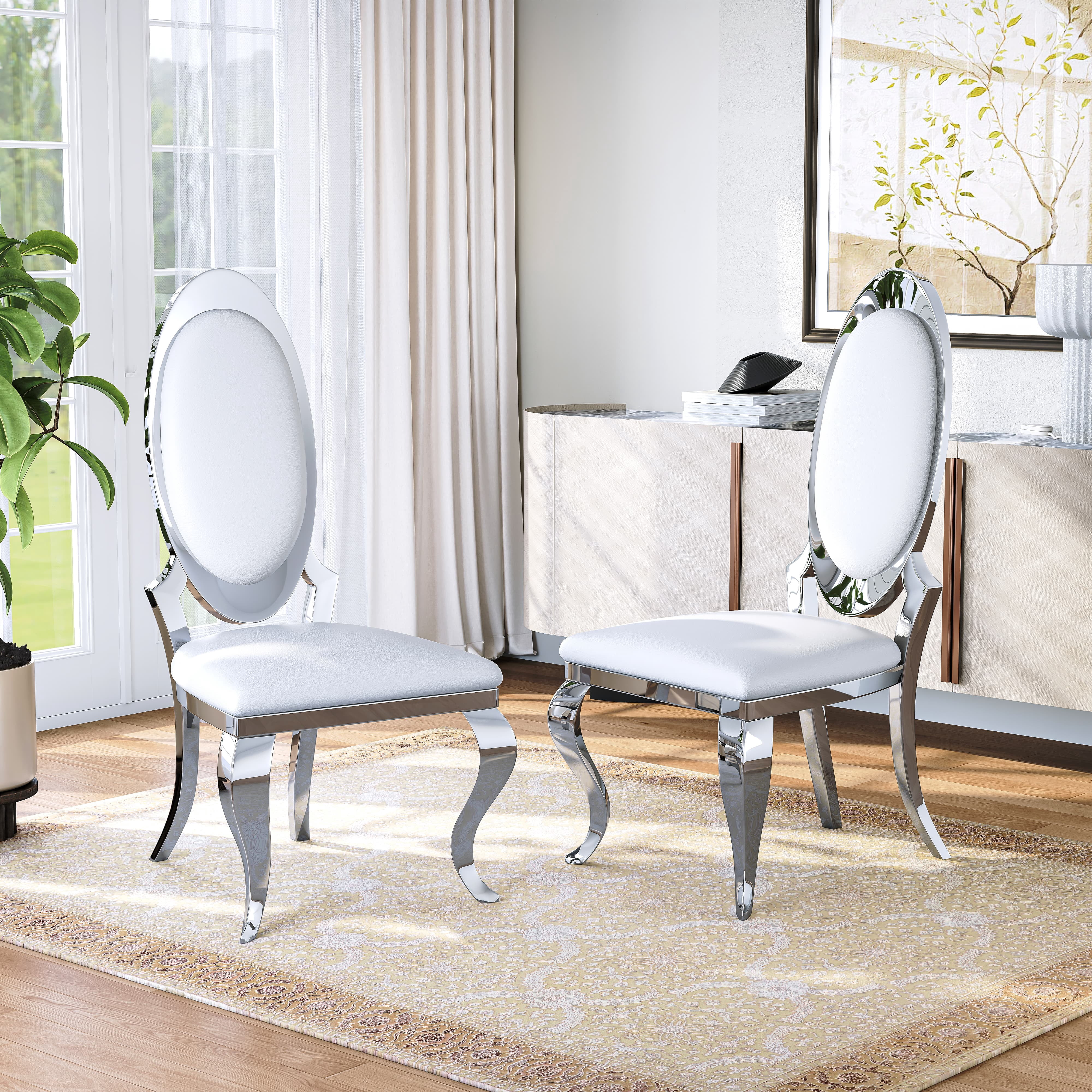 Luxury Dining Chairs Set of 4, Oval Back PU Upholstered Chairs with Stainless Steel Cabriole Legs, Dining Chairs for Kitchen, Living Room, Office