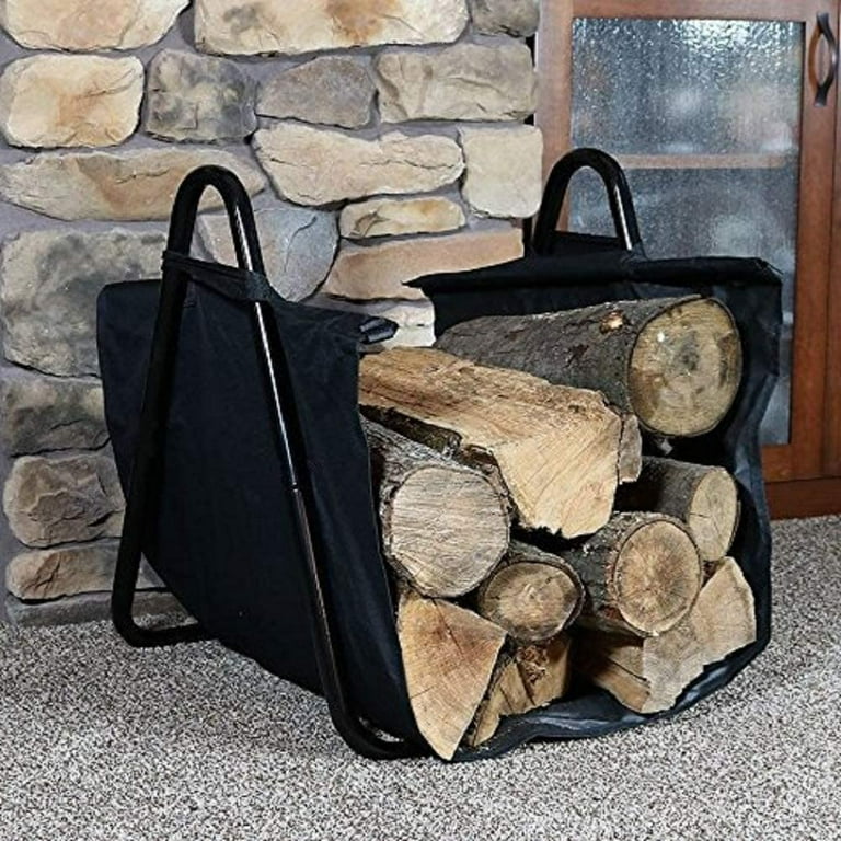 Amagabeli Fireplace Log Holder with Canvas Firewood Rack Indoor Tote Carrier Metal Wood Rack Black Firewood Holders Storage Heavy Duty Logs Stacker