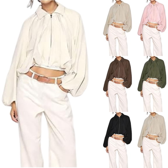 APEXFWDT Light Bomber Jacket Women Full Zip Long Sleeve Jacket Pleated Bell Sleeve Casual Fashion Outerwear