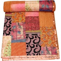 Marusthali indian patchwork quilts hand made quilt cotton bedspread kantha throw quilts silk sari blanket indian handmade cotton quilt throw blanket bedspread gudari (Orange-1, Twin)