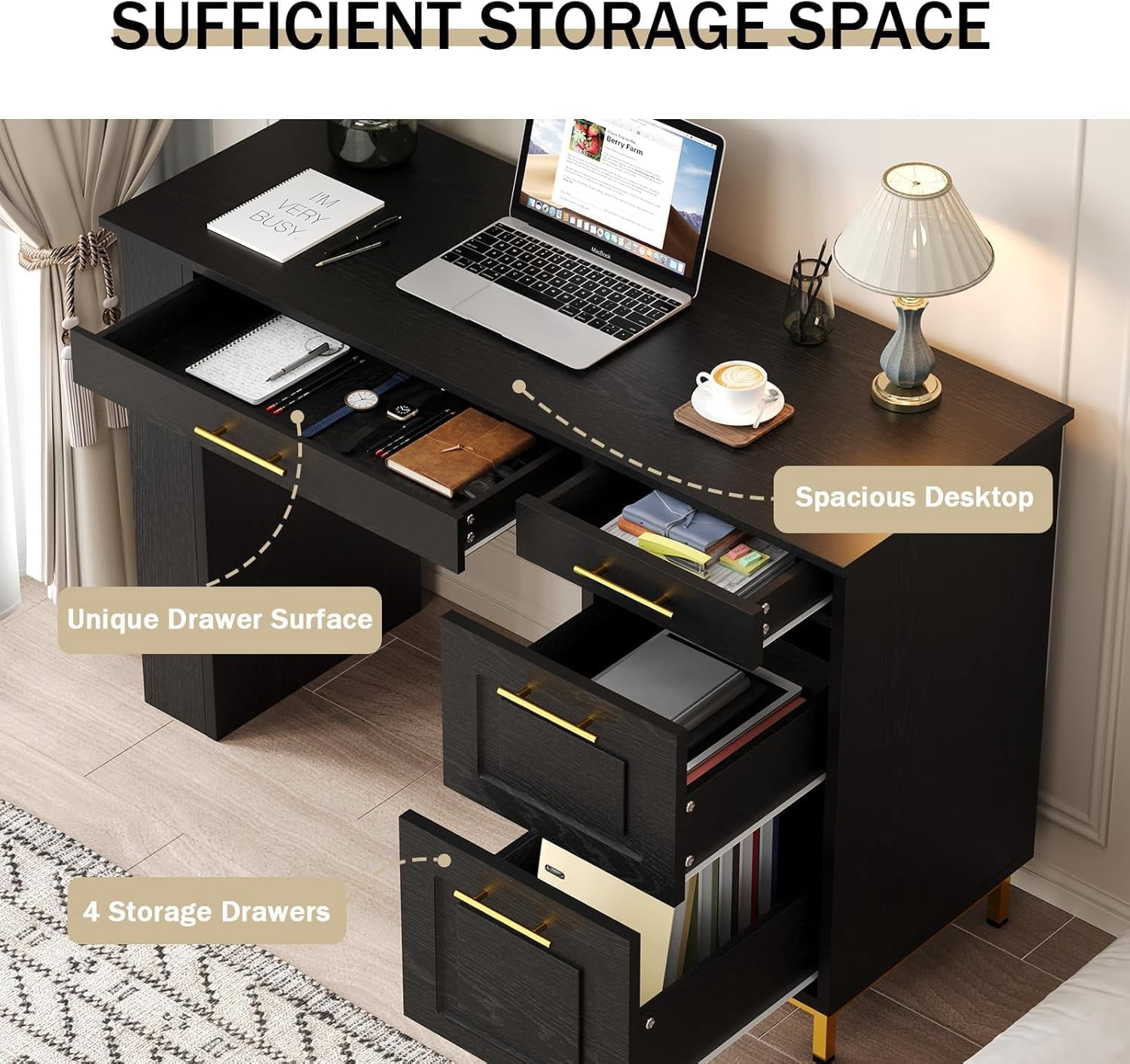 DreamCurship Computer Desk with 4 Drawers and Power Outlets, 47 inch Home Office Desk with Storage, Makeup Vanity Desk Dressing Table, Black and Gold