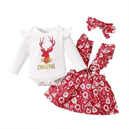 

Newborn Baby Girl Clothes Long Sleeve Romper Top Suspender Ruffle Skirt Set Baby Girl Overall Dress 3-6 Months