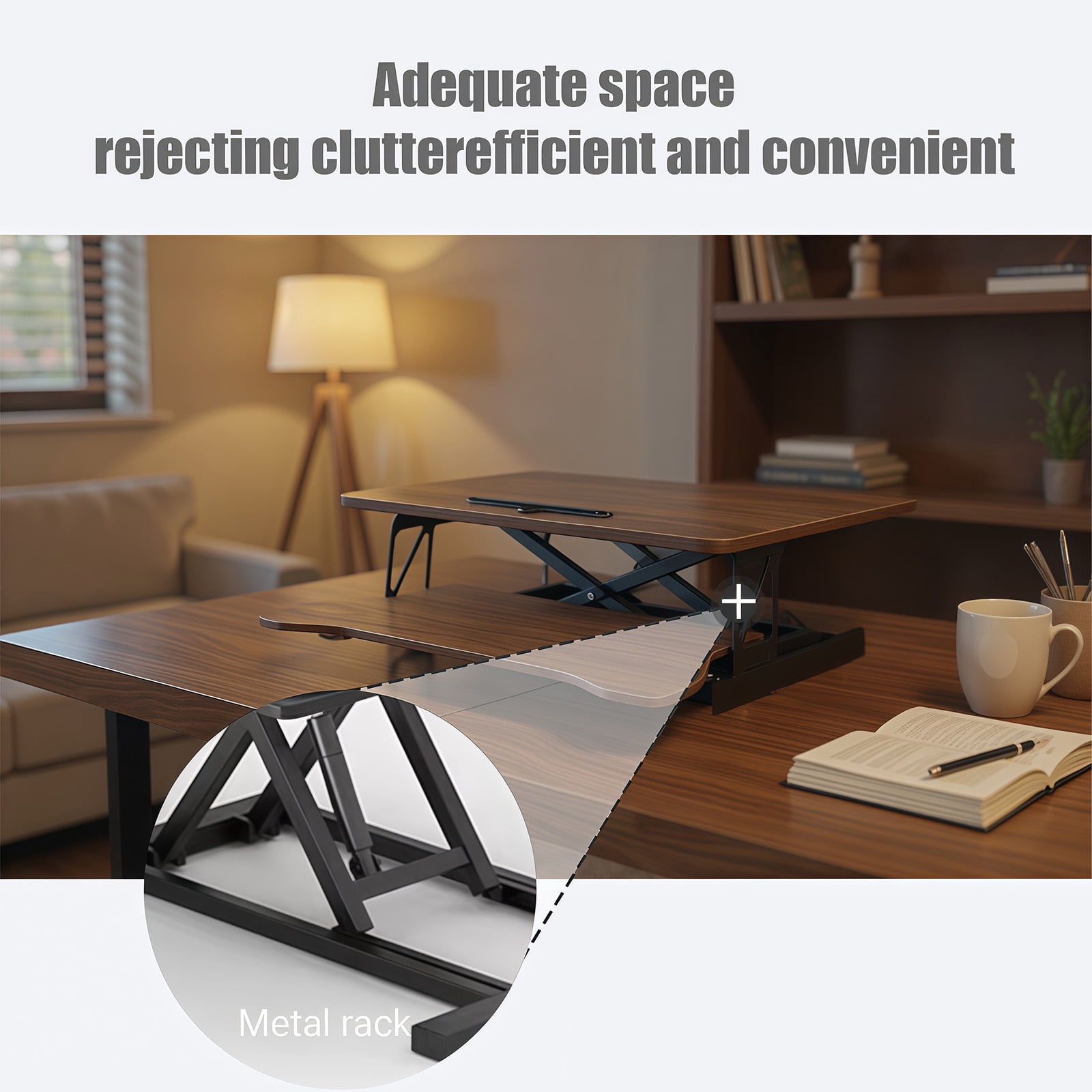 Standing Desk Converter, 32 Inch Standing Desk Adjustable Height for Table Tops and Home Office, Desk Riser Computer Workstation with Wide Keyboard Tray 2-Tier Desktop, Walnut Color