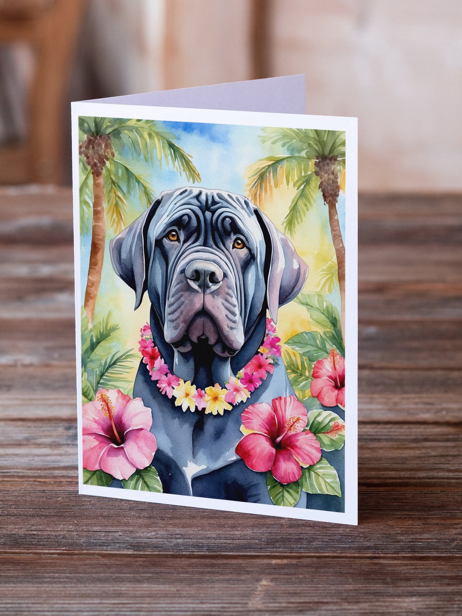 Neapolitan Mastiff Luau Greeting Cards Pack of 8 7 in x 5 in