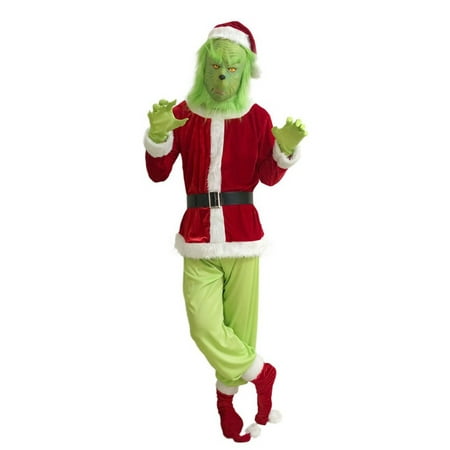 Grinch Costume for Men Christmas Deluxe Furry Adult Santa Suit Green ...