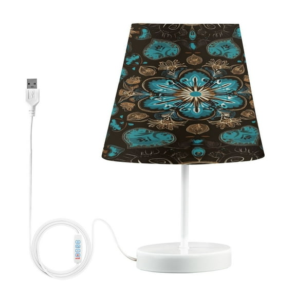 WOBOGO Turquoise Mandalas Table Lamps Bedroom 3-Speed Dimmable Farm Style with Fabric Shade for Reading and Home Office