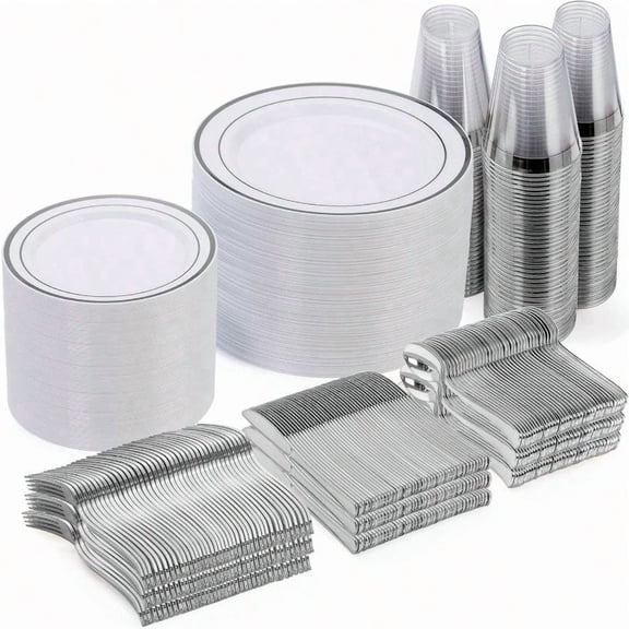 600 Piece Disposable Sier Plates for 100 Guests Plastic Dinnerware Set of 100 Dinner Plates 100 Salad Plates 100 Spoons 100 Forks 100 Knives 100 Cups Plastic Plates for Party