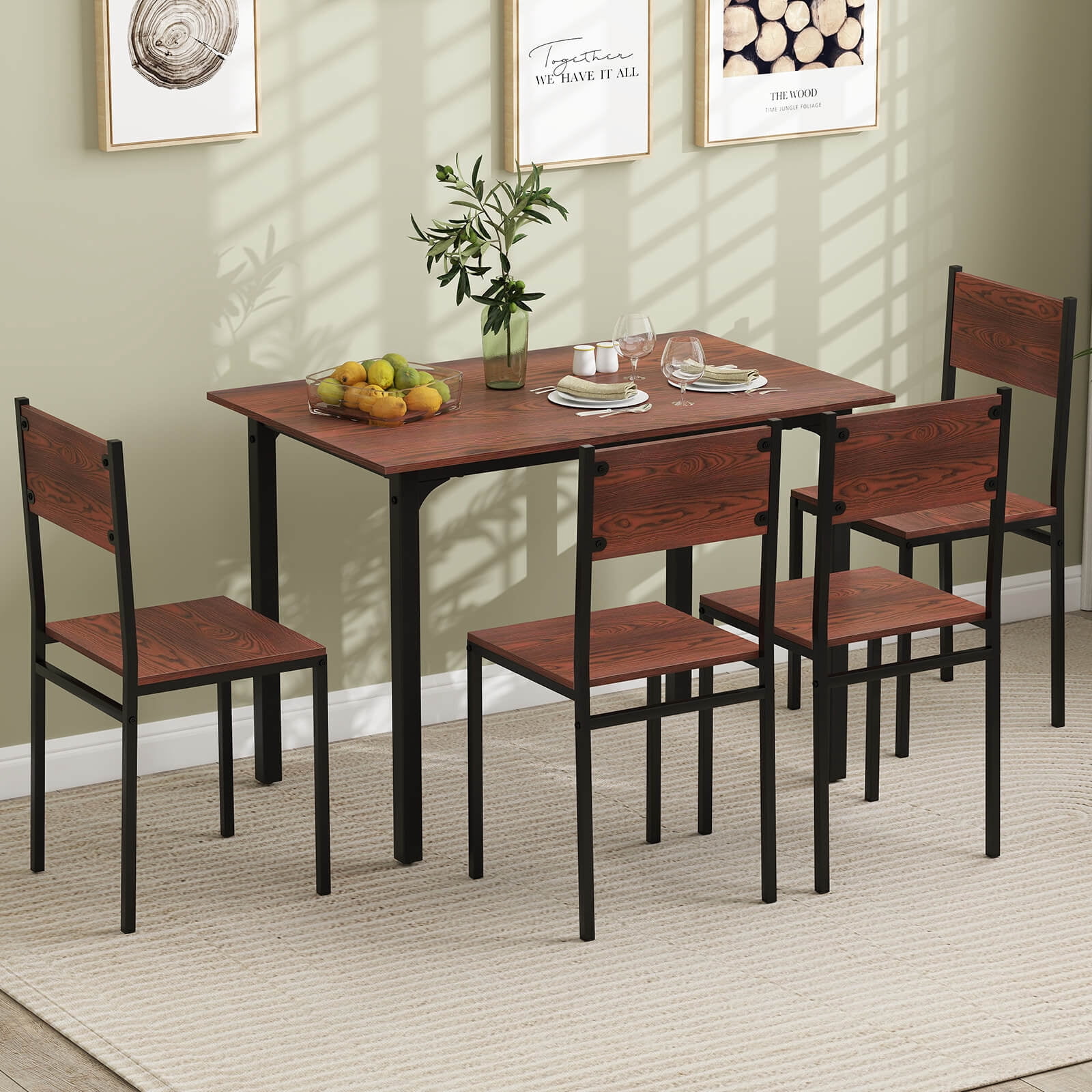 Costway 5 PCS Dining Table Set Industrial Style Kitchen Table & Chairs for 4 Dark Brown