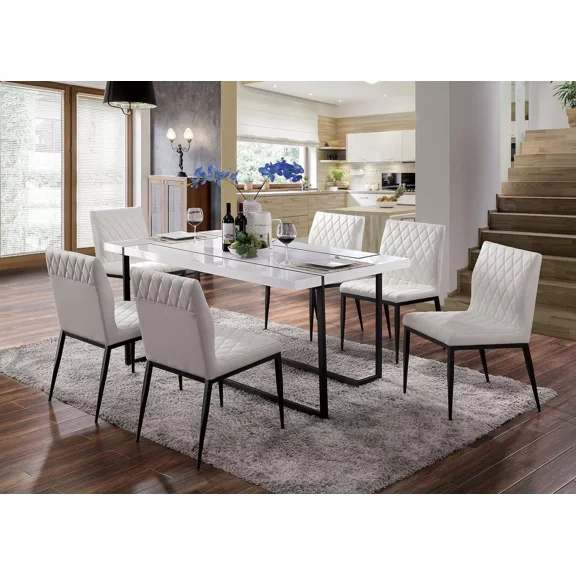 Dining Table High Gloss Lacquer Top Ivory Leatherette Side Chairs 7pc Dining Set White Black