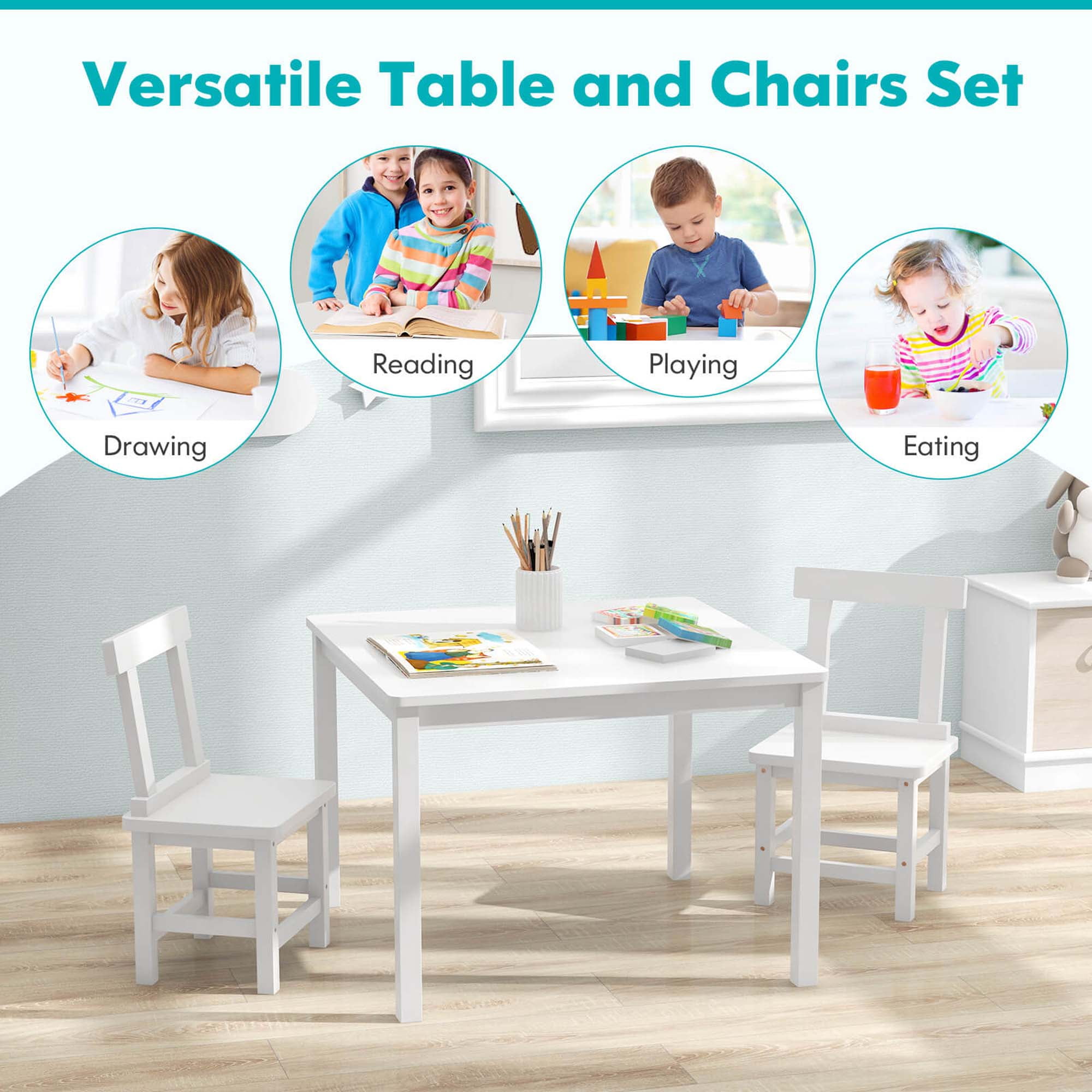 Costway Wooden Kids Table and 2 Chairs Set with Rubber Wood Legs Anti-slip Foot Pads White