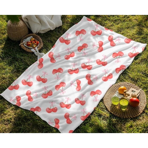Valentines Coquette Cherries Bow Plush Blanket Coquette Bows Cherry Blanket Valentines Day Gift for Her Girly Coquette Cherries Blanket Soft Throw Blanket for Her
