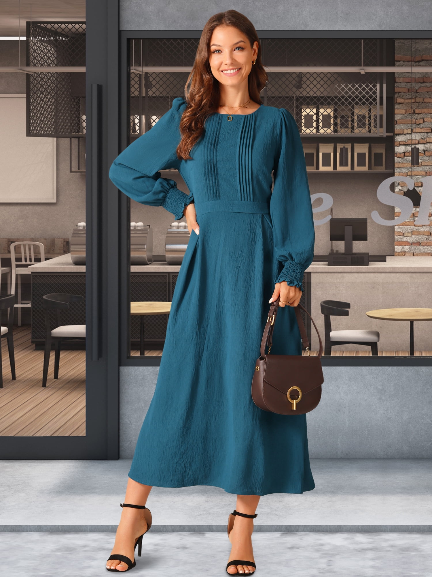 DARING DIVA Frilled Crewneck Long Sleeve Midi Fall Dress M Peacock Blue
