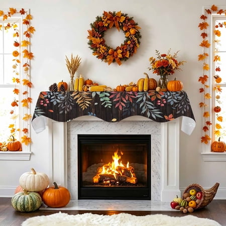 Fall Leaf Fireplace Mantel Scarf Country Vintage Red Blue Yellow Leaves Berry Wood Grain Mantel Scarf Scarves Fireplace Top Runner Cover for Holiday Party Home Decorations 70x17in
