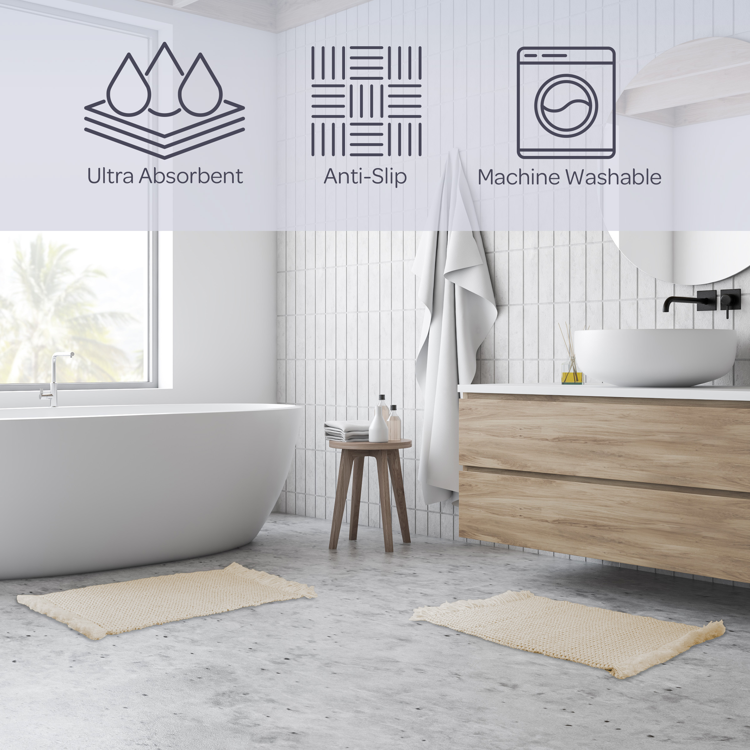 Lavish Home 2PC Waffle Bath Mat Set - Washable Bathroom Rugs (Ivory)