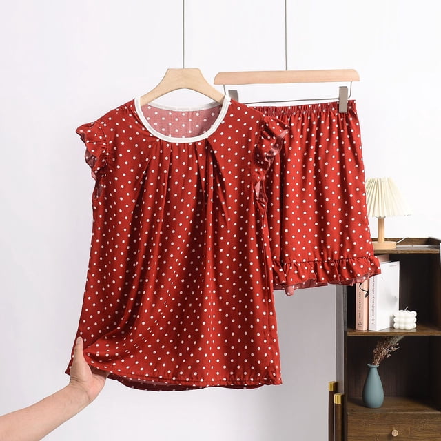 Pisexur Pyjama pour Femmes Ensemble, Pyjamas pour Femmes, Confortable et Respirant Imprimé Col Rond Sans Manches T-shirt Ample Shorts Pantalons Tenue d'Intérieur Ensemble de Pyjama Deux Pièces Rouge, 6TG