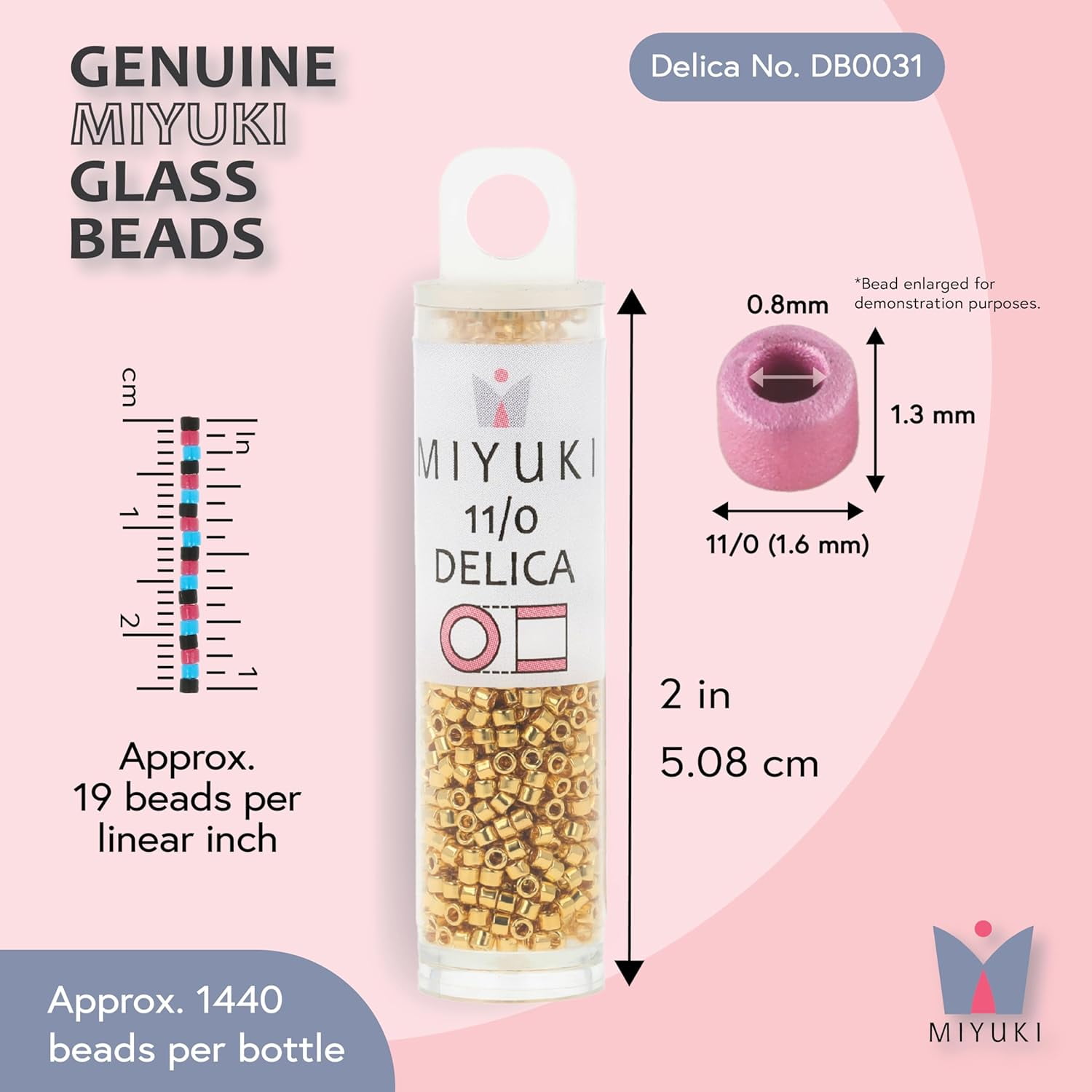 Miyuki Delica Seed Beads – Size 11/0 (1.6 mm), DB0031, Gold 24K Plated, 7.2 g, Approx. 1440 Beads