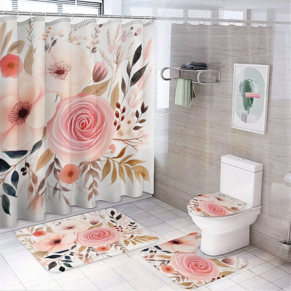 Shower Curtain Sets 4 Piece Boho Watercolor Floral Blush Bathroom Decor Set with Non-Slip Rugs Toilet Lid Cover And Bath Mat Colorful Bright Spring Natural Farmhouse Bathroom Shower Set