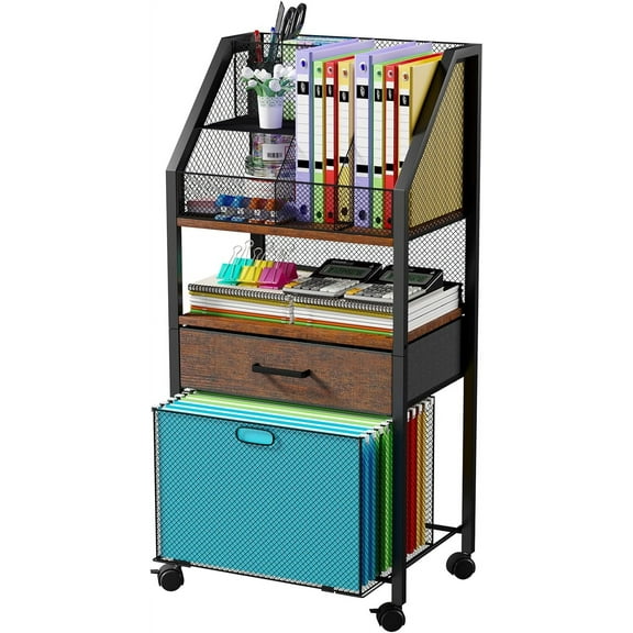 Rolling Cart with Wheels - Utility Storage Cart with Drawers for Office, Home, Classroom Organization, Rolling Cart for Books, Files, and Supplies, Rustic Brown and Black