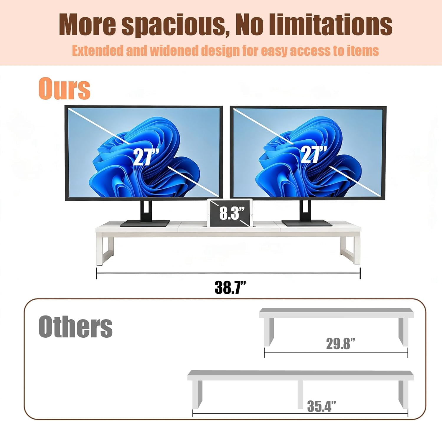 Dual Monitor Stand Riser 38.7 Inch Long Wood & Steel, 2 Monitors Desktop Stand with Tablet Holder, Ergonomic Organizer for Computer Laptop TV