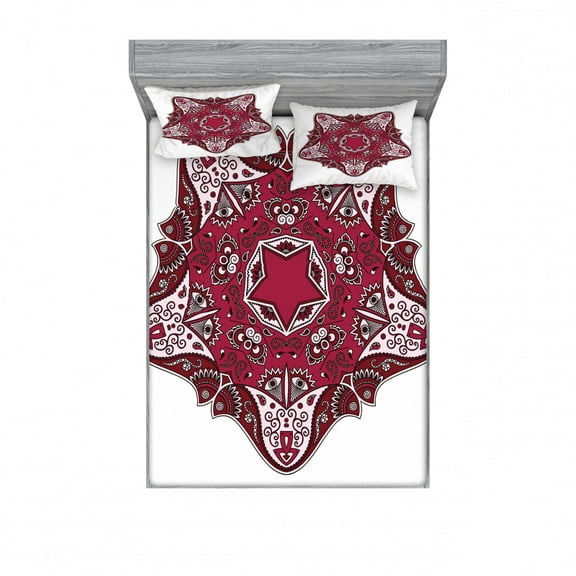 Mandala Bedding Set with Sheet & Covers, Maroon Universe and Microcosm with Effects Mystic Locus Print, Printed Bedroom Decor 2 Shams, 4 Sizes, Red, by Ambesonne