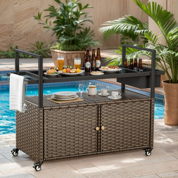 Lumiinofami Outdoor Wicker Grill Cart with Storage Cabinet Buffet Prep Rolling Dining Table on Wheels for Outside BBQ, Brown