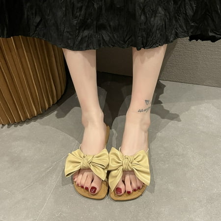 

AXXD Women Sandals Clearance Under $10 Summer Beef Tendon Flip-flop Flat Sandals Bow Soft Soled