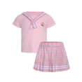 thumbnail image 3 of Doomiva Kids Girls Plaid Mini Skirt Set Sailor Short Sleeve Top with Pleated Tartan Skirt School Uniform Outfit Pink 150, 3 of 7