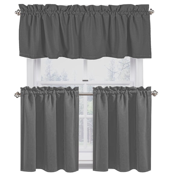 Native Fab Full Kitchen Window Curtain Tiers Valance Set 100% Cotton - Rod Pocket - 3 Piece - Grey