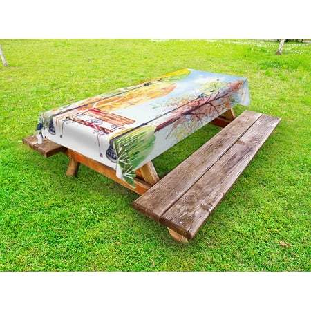 

Landscape Outdoor Tablecloth Hand Drawn Watercolor Autumn Park Trees Shrubs Bench and Lanterns Nature Artwork Decorative Washable Fabric Picnic Table Cloth 58 X 84 Inches Multicolor by Ambesonne