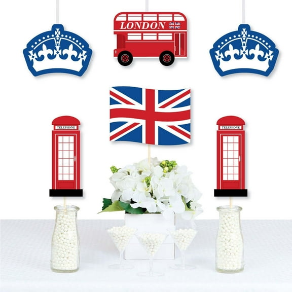 Big Dot of Happiness Cheerio, London - Union Jack Flag, Double-Decker Bus, Crown & Telephone Booth Decor Diy British UK Party Essentials - Set of 20