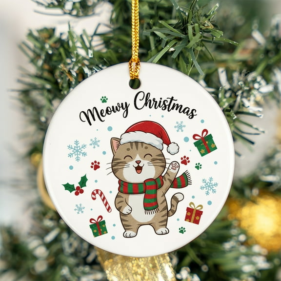 ViciArt Meowy Christmas Ornament - 3" Ceramic Holiday Tree Decor with Cat, Gifts & Snowflakes