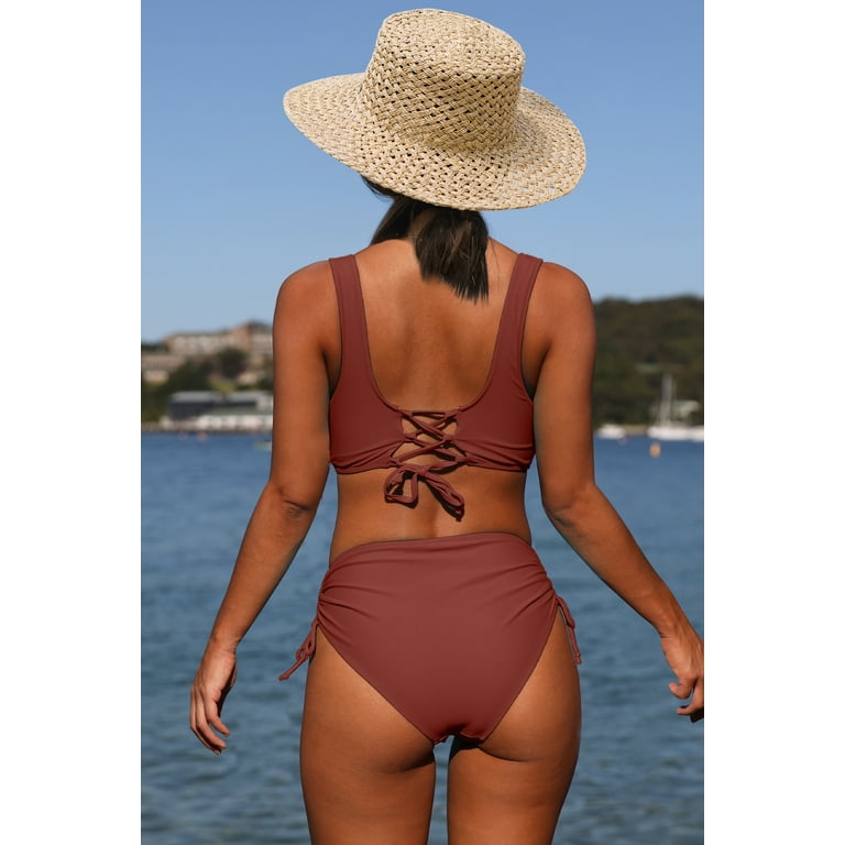 Beachsissi Women's High Waisted Bikini Twist Front Tie Back 2 Piece  Swimsuit, Plum Red, L 
