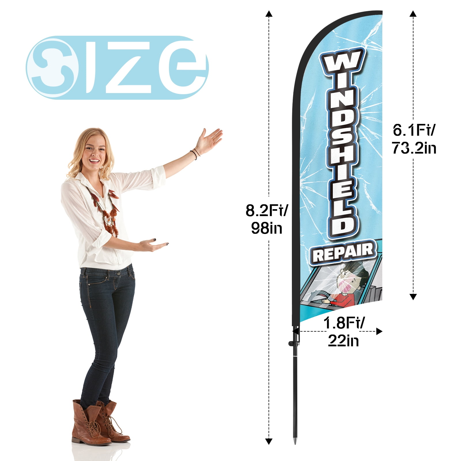 QSUM Car Repair Windshield Repair Feather Flag with Flag Pole Kit and Ground Spike, 8.2FT Car Repair Windshield Repair Windless Flag Banner Sign Business for Outdoor Advertising Sign Decoration Displa