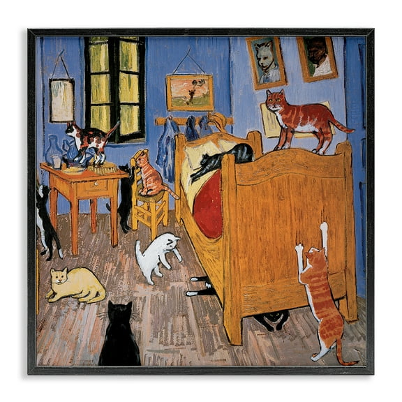 Stupell Industries Cats in Bedroom Classics Parody Animals & Insects Painting Black Framed Art Print Wall Art, 17 x 17
