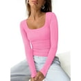 thumbnail image 4 of Women'S Solid Color Long Sleeve U-Neck Ribbed Knitted Casual Top Slim Fit Basic Shirt Pink M, 4 of 6
