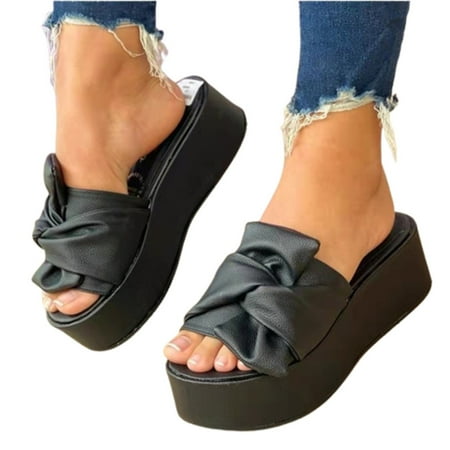 

Women s Platform Slippers Sandals Flat Heel Bowknot PU Summer Slide Shoes 41 Purple