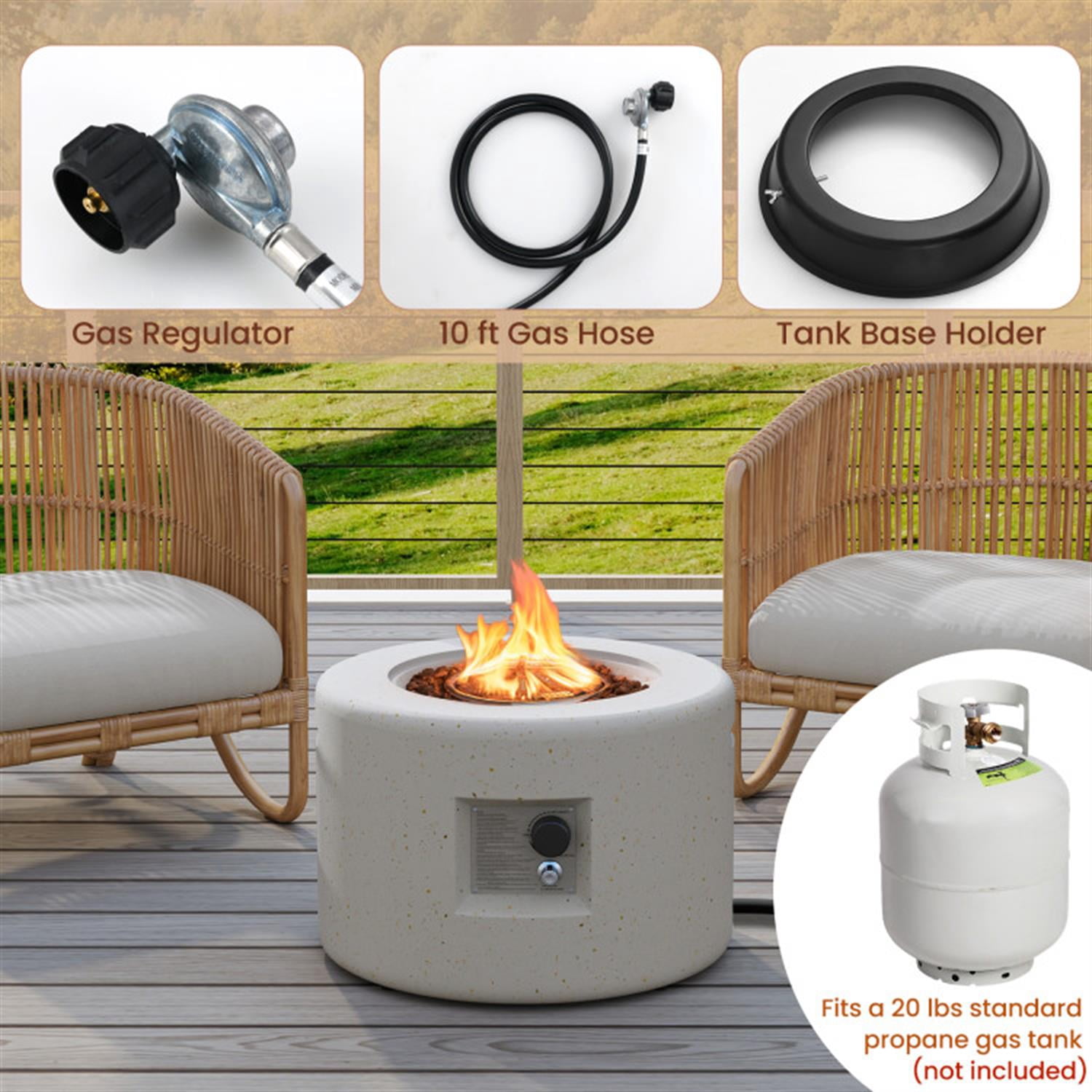 Demi Bonn 40 000 BTU 25" Round Terrazzo Propane Gas Fire Pit with Hideaway Tank Holder and Lava Rocks, White