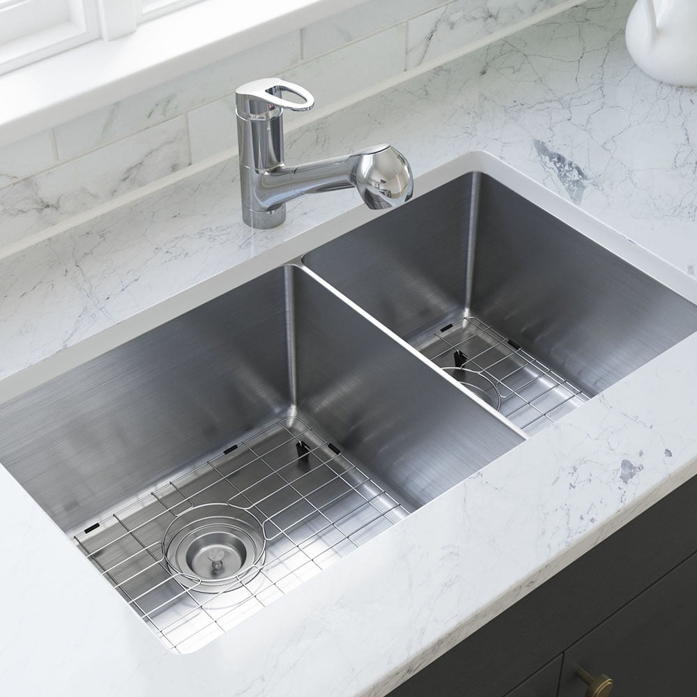 3160L 14 Gauge Double Offset Bowl Stainless Steel Kitchen Sink, Basket